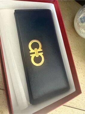 Salvatore Ferragamo Black Leather Key & Card Holder with Gold Gancini